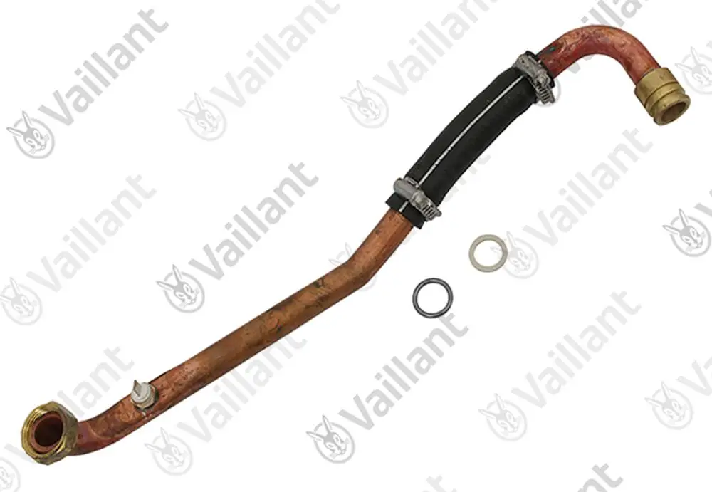 Kupferrohr von Vaillant mit Gummibeschichtung und Verbindungselementen, geeignet für Heizungsanwendungen. Enthält zwei Dichtungen und eine Klemmvorrichtung.